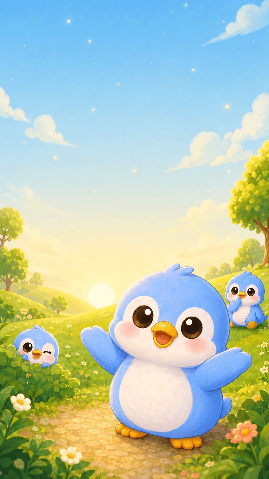 Snappy the penguin waving in a cozy meadow